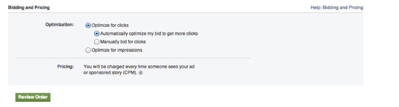 Facebook Bidding and Pricing Account Page