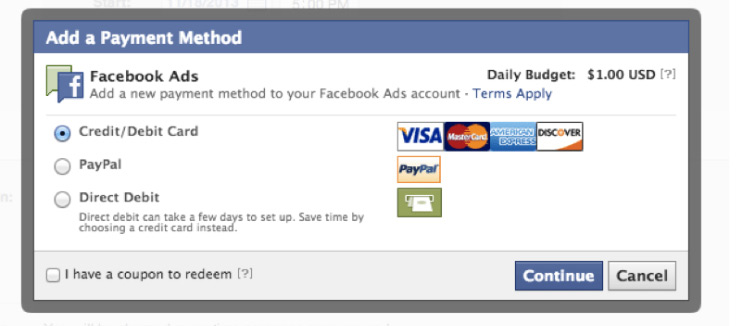 Facebook Place Order and Pay for Ad page