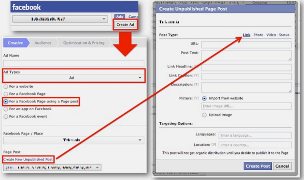 Facebook Create New Unpublished Post Page