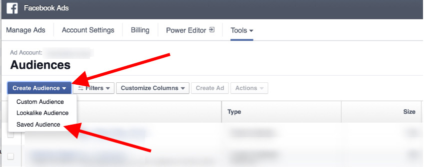 Facebook Saved Audiences Page