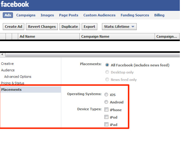 Facebook Mobile Device Targeting by Placement