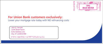 Union Bank direct mail envelope for no cost refinance offer.