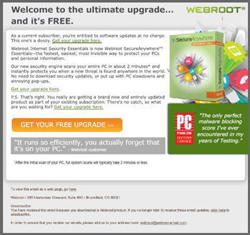 Image of Webroot email template used for a series of emails.