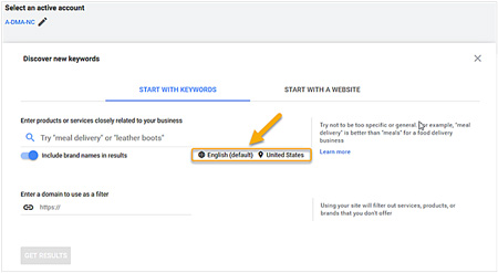 Select language and country for Google Ads Keyword Planner.