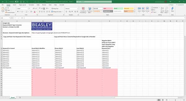 Keyword converter Excel spreadsheet.