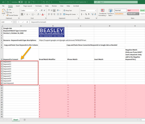 Paste your broad match keywords here for conversion.