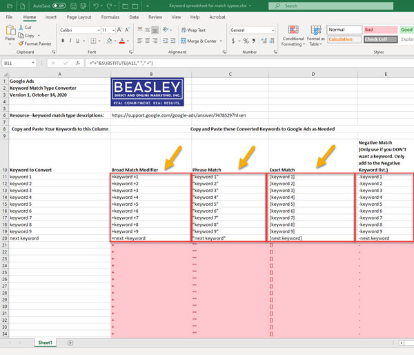 Convert keywords to match types in these column, then copy and paste.