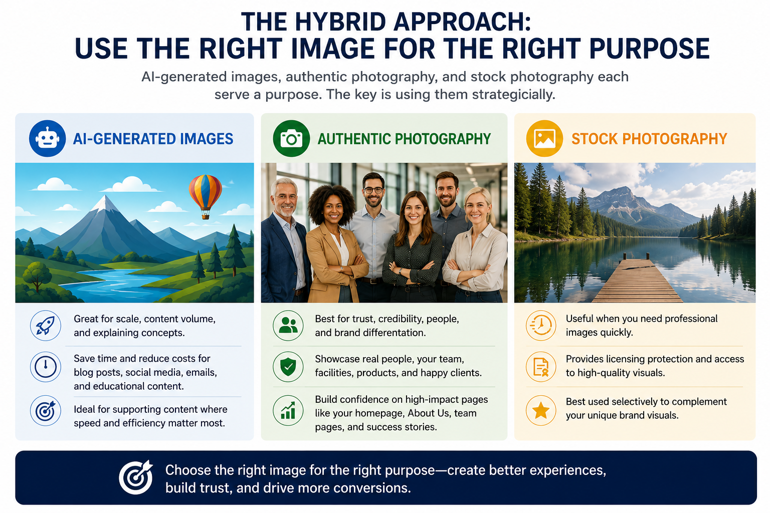 Comparison infographic showing when to use AI-generated images, authentic photography, and stock photography for different marketing situations.